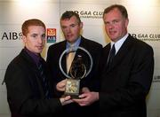 4 March 2002; Simon Whelahan of Birr, Leinster Hurling Award Winner, left, with Uachtarán Chumann Lœthchleas Gael Sean McCague, centre, and Managing Director of AIB Eugene Sheehy, during the AIB GAA Provincial Player of the Year Awards 2001 at AIB Bankcentre in Ballsbridge, Dublin. Photo by Ray McManus/Sportsfile