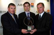 4 March 2002; Mark Kerins of Clarinbridge, Connacht Hurling Award Winner, centre, with Uachtarán Chumann Lœthchleas Gael Sean McCague, left, and Managing Director of AIB Eugene Sheehy, during the AIB GAA Provincial Player of the Year Awards 2001 at AIB Bankcentre in Ballsbridge, Dublin. Photo by Ray McManus/Sportsfile