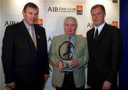 4 March 2002; Dr Dave Geaney of Castleisland, Winner of the Coaching and Games Development Award, centre, with Uachtarán Chumann Lœthchleas Gael Sean McCague, left, and Managing Director of AIB Eugene Sheehy, during the AIB GAA Provincial Player of the Year Awards 2001 at AIB Bankcentre in Ballsbridge, Dublin. Photo by Ray McManus/Sportsfile