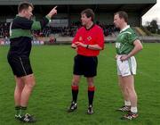 2 March 2002; Nemo Rangers captain Colin Corkery, left, Charlestown Sarsfield captain David Tiernan, right, and referee Michael Monahan prior to the AIB GAA Football All-Ireland Senior Club Championship Semi-Final match between Nemo Rangers and Charlestown Sarsfield at McDonagh Park in Nenagh, Tipperary. Photo by Damien Eagers/Sportsfile