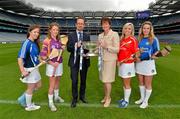 11 June 2013; The Liberty Insurance Camogie Championship was launched at Croke Park this afternoon with players from participating counties joining to mark the start of championship 2013 with President of the Camogie Association Aileen Lawlor, CEO of Liberty Insurance Pat O’Brien and Uachtarán Chumann Lúthchleas Gael Liam Ó Néill. Twenty four counties, across five grades, will commence their All-Ireland campaigns on June 22nd. Liberty Insurance is the first ever sponsor of both the GAA Hurling and Camogie All-Ireland Senior Championships in a five-year deal with the GAA. Pictured at today’s launch are camogie players, from left, Arlene Watkins, Offaly, Kate Kelly, Wexford, CEO of Liberty Insurance Pat O'Brien, President of the Camogie Association Aileen Lawlor, Anna Geary, Cork, and Lorraine Ryan, Galway. Croke Park, Dublin. Photo by Brian Lawless/Sportsfile