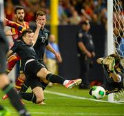 11 June 2013; Sean St Ledger of Republic of Ireland beats Spain goalkeeper Iker Casillas, to score his side's goal,which was subsequently disallowed, during the International Friendly match between Republic of Ireland and Spain at Yankee Stadium in The Bronx, New York, USA. Photo by David Maher/Sportsfile