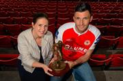 13 June 2013; Killian Brennan, St. Patrick's Athletic, who was presented with the Airtricity / SWAI Player of the Month Award for May 2013 by Jillian Saunders, Airtricity, at Richmond Park in Dublin. Photo by Brian Lawless/Sportsfile