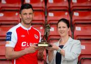13 June 2013; Killian Brennan, St. Patrick's Athletic, who was presented with the Airtricity / SWAI Player of the Month Award for May 2013 by Jillian Saunders, Airtricity, at Richmond Park in Dublin. Photo by Brian Lawless/Sportsfile