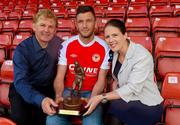 13 June 2013; Killian Brennan, St. Patrick's Athletic, who was presented with the Airtricity / SWAI Player of the Month Award for May 2013 by Jillian Saunders, Airtricity, along with St. Patrick's Athletic manager Liam Buckley, at Richmond Park in Dublin. Photo by Brian Lawless/Sportsfile