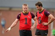 13 June 2013; Ireland's Tom Court, left, and Kevin McLaughlin in conversation during squad training, ahead of their game against Canada. Ireland Rugby Summer Tour 2013. Toronto, Canada. Photo by Brendan Moran/Sportsfile
