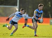8 February 2017; Con McCarthy of UCD in action against Eóin McHugh of Ulster University during the Independent.ie HE GAA Sigerson Cup Quarter-Final match between Ulster University and UCD at Jordanstown in Belfast. Photo by Oliver McVeigh/Sportsfile