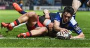 17 February 2017; Joey Carbery of Leinster goes over to score his side's second try despite the tackle of Damien Hoyland of Edinburgh during the Guinness PRO12 Round 15 match between Leinster and Edinburgh at the RDS Arena in Ballsbridge, Dublin. Photo by Brendan Moran/Sportsfile