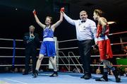 17 February 2017; Ciara Ginty of Geesal celebrates after defeating Emma Agnew of Dealgan during their 64KG bout at the 2017 IABA Elite Boxing Championship finals in the National Stadium, Dublin. Photo by Eóin Noonan/Sportsfile