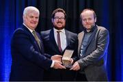 17 February 2017; Uachtarán Chumann Lúthchleas Gael Aogán Ó Fearghail presents  Pádraig Ó Ciardha, centre, and Seán Tadhg Ó Gairbhí with the Irish Language Award - Tuairisc during the 2016 GAA MacNamee Awards at the Croke Park in Dublin. Photo by Cody Glenn/Sportsfile