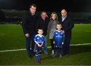 17 February 2017; Leinster matchday mascot Ross Myers, age 4, from Delgany, Co. Wicklow, with Leinster's Rhys Ruddock and Richardt Strauss ahead of the Guinness PRO12 Round 15 match between Leinster and Edinburgh at the RDS Arena in Ballsbridge, Dublin. Photo by Stephen McCarthy/Sportsfile