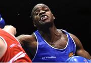 17 February 2017; Ken Okungbowa of Athlone after being hit with a right hook from Darren O’Neill of Paulstown during their 91KG bout at the 2017 IABA Elite Boxing Championship finals in the National Stadium, Dublin. Photo by Eóin Noonan/Sportsfile