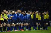 17 February 2017; Leinster players observe a minute's silence for the late Prof. Arthur Tanner ahead ofthe Guinness PRO12 Round 15 match between Leinster and Edinburgh at the RDS Arena in Ballsbridge, Dublin. Photo by Ramsey Cardy/Sportsfile