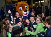 17 February 2017; The Greystones RFC team with Leo The Lion ahead of the Guinness PRO12 Round 15 match between Leinster and Edinburgh at the RDS Arena in Ballsbridge, Dublin. Photo by Ramsey Cardy/Sportsfile