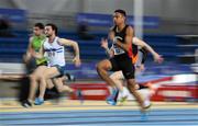 18 February 2017; Leon Reid, Menapians AC, Wexford, competing in the Men's 60m heat during the Irish Life Health National Senior Indoor Championships at the Sport Ireland National Indoor Arena in Abbotstown, Dublin. Photo by Brendan Moran/Sportsfile