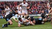 18 February 2017; Sean Reidy of Ulster scores his sides second try despite being tackled by Brian Alainu’uese of Glasgow Warriors during the Guinness PRO12 Round 15 match between Ulster and Glasgow Warriors at the Kingspan Stadium in Belfast. Photo by Oliver McVeigh/Sportsfile