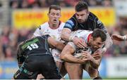 18 February 2017; Tommy Bowe of Ulster is tackled by Brandon Thomson, left, and Rory Hughes of Glasgow Warriors during the Guinness PRO12 Round 15 match between Ulster and Glasgow Warriors at the Kingspan Stadium in Belfast. Photo by Oliver McVeigh/Sportsfile