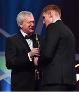 3 November 2017; Galway hurler Conor Whelan is presented with his Young Hurler of the Year by Paráic Duffy, Ard Stiúrthóir of the GAA, during the PwC All Stars 2017 at the Convention Centre in Dublin. Photo by Brendan Moran/Sportsfile