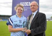 23 July 2011; Sean McMullen, Vice-President, Cumann Peil Gael na mBan, presents the Player of the Match award to Dublin's Noelle Healy. TG4 Ladies Football All-Ireland Senior Championship Qualifier Round 1, Dublin v Kildare, Pearse Park, Longford. Photo by Sportsfile