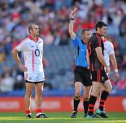 23 July 2011; Referee Michael Duffy, shows the red card to Martin Clarke, right, Down. GAA Football All-Ireland Senior Championship Qualifier Round 4, Cork v Down, Croke Park, Dublin. Picture credit: David Maher / SPORTSFILE