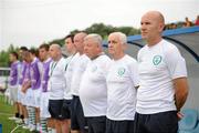 23 July 2011; Republic of Ireland manager Paul Doolin and technical staff, from right, Tommy Connolly, assistant coach, Dr. Joseph Curry, team doctor, Jacko Smyth, kit man, Padraig Doherty, physio, and Dessie Judge, masseur. 2010/11 UEFA European Under-19 Championship - Group A, Czech Republic v Republic of Ireland, Football Centre FRF, Mogosoaia, Bucharest, Romania. Picture credit: Stephen McCarthy / SPORTSFILE