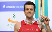 18 February 2017; Antony Daffurn of St Ronan's AC, Galway, with his gold medal after winning the Men's Triple Jump during the Irish Life Health National Senior Indoor Championships at the Sport Ireland National Indoor Arena in Abbotstown, Dublin. Photo by Brendan Moran/Sportsfile