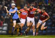 18 February 2017; Fionntán Mac Gib of Dublin in action against Cork players, from left, Killian Burke, Mark Ellis and Mark Coleman during the Allianz Hurling League Division 1A Round 2 match between Cork and Dublin at Páirc Uí Rinn in Cork. Photo by Stephen McCarthy/Sportsfile