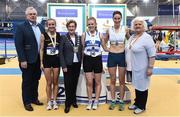 18 February 2017; Medallists in the Women's 3000m Walk Final, from left, silver medallist Emma Prendiville, Farranfore Maine Valley AC, Kerry, gold medallist Kate Veale, West Waterford AC, Waterford, and bronze medallist Maeve Curley, Craughwell AC, Galway, with David Conway, Director, National Sports Campus, Eithne Conway, Deputy Mayor of Fingal County Council, and Georgina Drumm, President, Athletics Ireland, during the Irish Life Health National Senior Indoor Championships at the Sport Ireland National Indoor Arena in Abbotstown, Dublin. Photo by Brendan Moran/Sportsfile