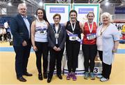18 February 2017; Medallists in the Women's Shot Put Final, from left, silver medallist Alana Frattaroli, Limerick AC, Limerick, gold medallist Michaela Walsh, Swinford AC, Mayo, and bronze medallist Fiona Moloney, Dooneen AC, Limerick, with David Conway, Director, National Sports Campus, Eithne Conway, Deputy Mayor of Fingal County Council, and Georgina Drumm, President, Athletics Ireland, during the Irish Life Health National Senior Indoor Championships at the Sport Ireland National Indoor Arena in Abbotstown, Dublin. Photo by Brendan Moran/Sportsfile