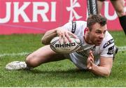 18 February 2017; Tommy Bowe of Ulster scores the first Ulster try during the Guinness Pro 12 League clash between Ulster Rugby and Glasgow Warriors at Kingspan Stadium, Ravenhill Park, Belfast, Northern Ireland. Photo by John Dickson/Sportsfile