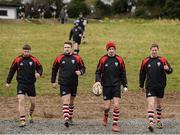 19 February 2017; Enniscorthy players, from left, David O’Dwyer, Shane Dalton, Ivan Jacob and Arthur Dunne make their way to the pitch prior to the Bank of Ireland Provincial Towns cup second round match between Dundalk RFC and Enniscorthy RFC at Dundalk RFC grounds in Co. Louth. Photo by Seb Daly/Sportsfile