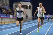 19 February 2017; John Travers, left, Donore Harriers AC, Dublin, leads from Paul Robinson, St Coca's AC, Kildare, on the way to winning the Men's 1500m Final during the Irish Life Health National Senior Indoor Championships at the Sport Ireland National Indoor Arena in Abbotstown, Dublin. Photo by Brendan Moran/Sportsfile