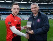 19 January 2017; Stephen Stack, AIB Branch manager, Listowel, presenting Darren O'Sullivan from Glenbeigh-Glencar with the Man of the Match award for his outstanding performance in the AIB Junior Football Club Championship Final, Glenbeigh-Glencar vs Rock St Patrick's in Croke Park. For exclusive content and behind the scenes action from the Club Championships follow AIB GAA on Twitter and Instagram @AIB_GAA and facebook.com/AIBGAA #TheToughest Photo by Eóin Noonan/Sportsfile