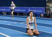 19 February 2017; A dejected Paul Robinson, St Coca's AC, Kildare, reacts after being beaten by John Travers, left, Donore Harriers AC, Dublin, in the Men's 1500m Final during the Irish Life Health National Senior Indoor Championships at the Sport Ireland National Indoor Arena in Abbotstown, Dublin. Photo by Brendan Moran/Sportsfile
