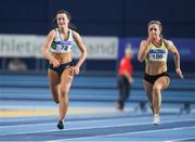 19 February 2017; Ciara Neville, left, Emerald AC, Limerick, races clear of Joan Healy, Bandon AC, Cork, on her way to winning the Women's 60m Final during the Irish Life Health National Senior Indoor Championships at the Sport Ireland National Indoor Arena in Abbotstown, Dublin. Photo by Brendan Moran/Sportsfile