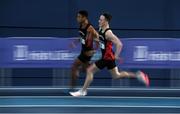 19 February 2017; Leon Reid, left, Menapians AC, Co Wexford, leads club-mate David McDonald, on his way to winning the Men's 200m Final during the Irish Life Health National Senior Indoor Championships at the Sport Ireland National Indoor Arena in Abbotstown, Dublin. Photo by Brendan Moran/Sportsfile