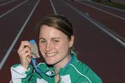 24 July 2011; Ireland's Ciara Mageean celebrates with her silver medal after finishing second in the Women's 1500m Final, in a time of 4:16.82. European Junior Athletics Championships, Kadriorg Stadium, Talinn, Estonia. Picture credit: Mark Shearman / SPORTSFILE