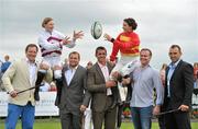 25 July 2011; At the official launch of the Galway Racing Festival 2011 are, from left to right, Michael Swift, Connacht rugby, jockey Nina Carberry, Brett Wilkinson, Connacht rugby, former Munster and Ireland rugby player Alan Quinlan, jockey Katie Walsh, TV presenter Daithi O Sé and Connacht rugby player John Muldoon. Galway Racing Festival 2011, Ballybrit, Galway. Picture credit: Diarmuid Greene / SPORTSFILE