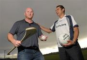 25 July 2011; Celtic and Arsenal legend John Hartson with Ulster bank and Cork GAA legend Seán Óg Ó hAilpín, in advance of the exclusive live broadcast of Ireland’s most popular sports radio show, Newstalk's ‘Off the Ball’ in Fairhill, Cork, on Monday, July 25th. The live broadcast is part of the ‘Off the Ball Roadshow with Ulster Bank’ which gives people an opportunity to see the hit show broadcast live from popular GAA Clubs across the country throughout the 2011 All-Ireland Senior Championships. Ulster Bank is also celebrating its recently extended three-year sponsorship of the GAA Football All-Ireland Championship with the indroduction of a major new club focused initiative, called ‘Ulster Bank GAA Force’. The initiative will support local GAA clubs across the country by giving them the opportunity to refurbish and upgrade their facilities. For further information, checkout www.ulsterbank.com/gaa. Off the Ball Roadshow with Ulster Bank, Na Piarsaigh GAA Club, The Commons, Fairhill, Cork. Photo by Sportsfile