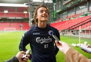 26 July 2011; Thomas Delaney, FC Copenhagen, speaking to members of the press ahead of their UEFA Champions League Third Qualifying Round, 1st Leg, match against Shamrock Rovers on Wednesday. FC Copenhagen Squad Training and Press Conference, Parken Stadium, Copenhagen, Denmark. Picture credit: David Maher / SPORTSFILE