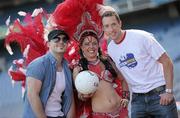 26 July 2011; Brazilian samba dancer Lule, from SD Dance, with Dublin footballer Barry Cahill, right, and musician Ryan Sheridan at the launch of Fever Pitch 2011, Sport & Music Event. Croke Park, Dublin. Photo by Sportsfile