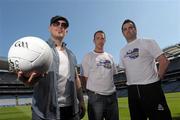 26 July 2011; Musician Ryan Sheridan, left, with Dublin footballer Barry Cahill and Donegal footballer Paul Durcan, right, at the launch of Fever Pitch 2011, Sport & Music Event. Croke Park, Dublin. Photo by Sportsfile