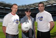 26 July 2011; Musician Ryan Sheridan with Dublin footballer Barry Cahill, left, and Donegal footballer Paul Durcan, right, at the launch of Fever Pitch 2011, Sport & Music Event. Croke Park, Dublin. Photo by Sportsfile