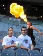 26 July 2011; Dublin footballer Barry Cahill, left, Donegal footballer Paul Durcan and fire eater Martin Byford at the launch of Fever Pitch 2011, Sport & Music Event. Croke Park, Dublin. Photo by Sportsfile