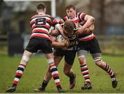 19 February 2017; John Smith of Dundalk RFC is tackled by Nick Doyle, left, and Tom Ryan of Enniscorthy RFC during the Bank of Ireland Provincial Towns cup second round match between Dundalk RFC and Enniscorthy RFC at Dundalk RFC grounds in Co. Louth. Photo by Seb Daly/Sportsfile