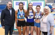 18 February 2017; Women's High Jump medallists, from left, Emily Rogers of St Peters AC, Co Louth, silver, Sommer Lecky of Finn Valley AC, Co Donegal, gold, and Grace O'Rourke of Dundrum South Dublin AC, Co Dublin, with Jim Dowdall, Managing Director Irish Life Health, left, and Georgina Drumm, Athletics Ireland President, during the Irish Life Health National Senior Indoor Championships at the Sport Ireland National Indoor Arena in Abbotstown, Dublin. Photo by Sam Barnes/Sportsfile