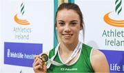 19 February 2017; Elizabeth Morland, Cushinstown AC, Co Meath, with her gold medal after winning the Women's 60m Hurdles Final during the Irish Life Health National Senior Indoor Championships at the Sport Ireland National Indoor Arena in Abbotstown, Dublin. Photo by Brendan Moran/Sportsfile