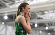 19 February 2017; Elizabeth Morland, Cushinstown AC, Co Meath, celebrates after winning the Women's 60m Hurdles Final during the Irish Life Health National Senior Indoor Championships at the Sport Ireland National Indoor Arena in Abbotstown, Dublin. Photo by Brendan Moran/Sportsfile
