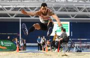 19 February 2017; Adam McMullen, Crusaders AC, Dublin, on his way to winning the Men's Long Jump Final during the Irish Life Health National Senior Indoor Championships at the Sport Ireland National Indoor Arena in Abbotstown, Dublin. Photo by Brendan Moran/Sportsfile