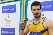 19 February 2017; Ben Reynolds, North Down AC, Co Down, with his gold medal after winning the Men's 60m Hurdles Final during the Irish Life Health National Senior Indoor Championships at the Sport Ireland National Indoor Arena in Abbotstown, Dublin. Photo by Brendan Moran/Sportsfile